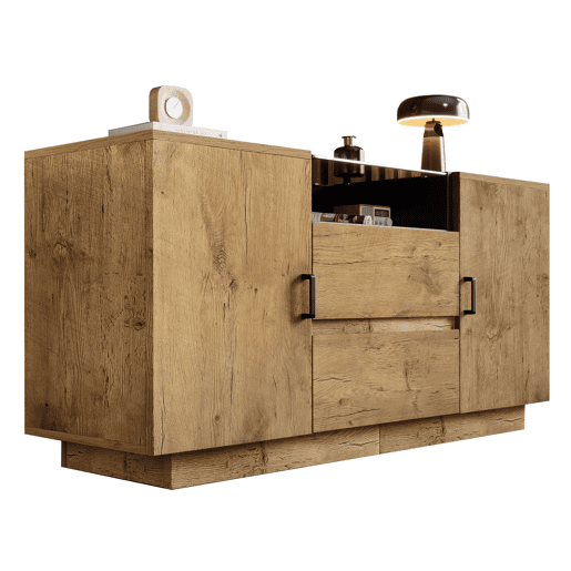 Cômoda 140x70x40 cm - 2 gavetas + 2 armários ajustáveis - Vidro ESG - Carvalho claro
