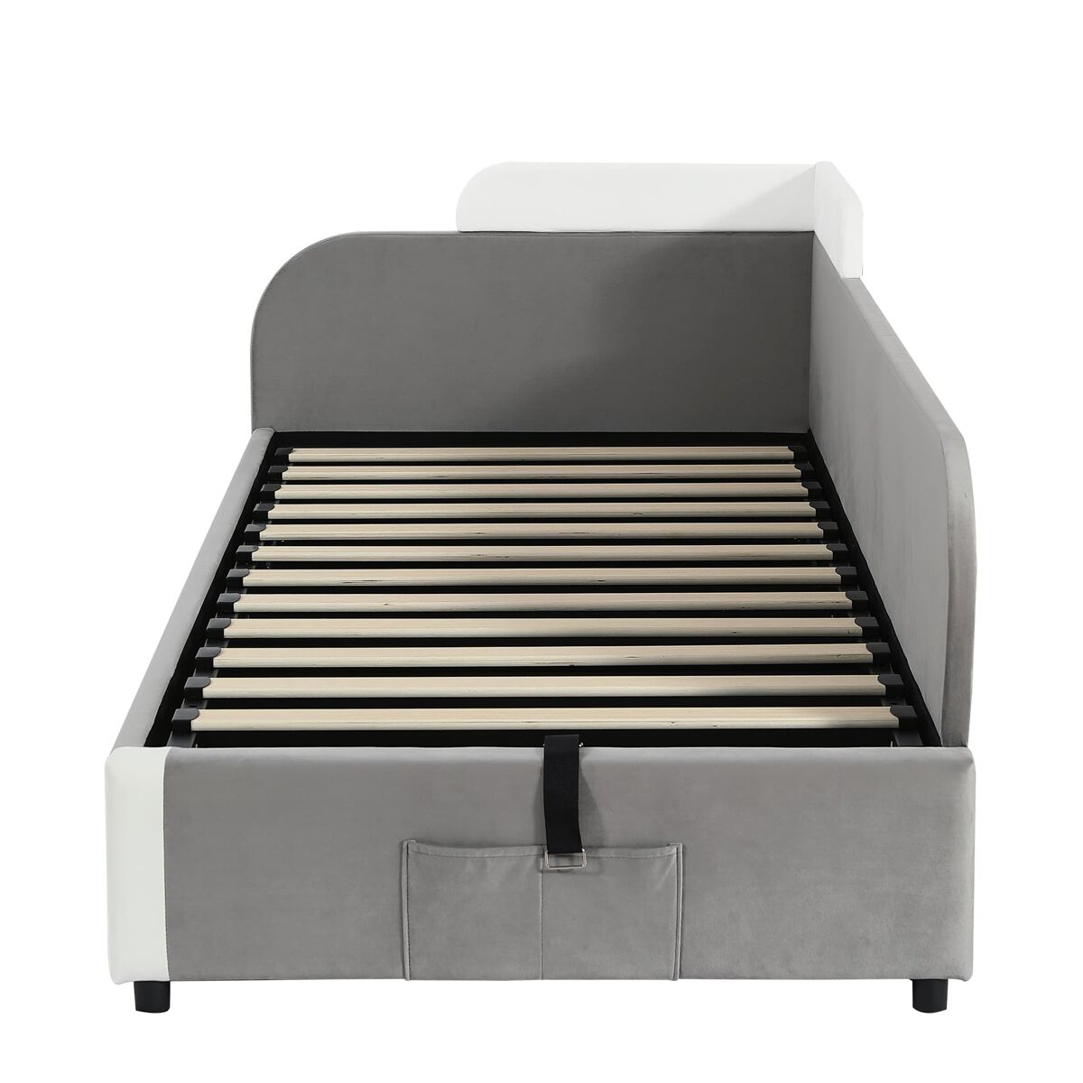 Cama hidráulica 90x200 cm - con almacenamiento, cercado suave, bolsa de almacenamiento - gris