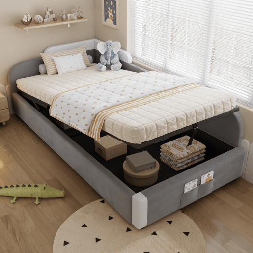 Cama hidráulica 90x200 cm - Com arrumação, cerca macia, saco de arrumação - Cinza Cama hidráulica 90x200 cm - Com arrumação, cerca macia, saco de arrumação - Cinza
