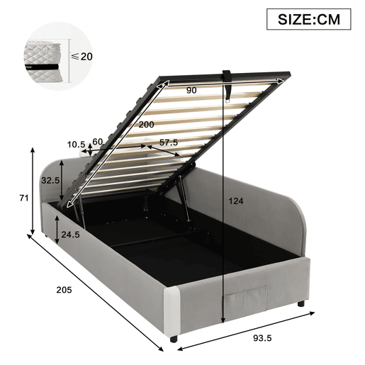 Cama hidráulica 90x200 cm - Com arrumação, cerca macia, saco de arrumação - Cinza Cama hidráulica 90x200 cm - Com arrumação, cerca macia, saco de arrumação - Cinza