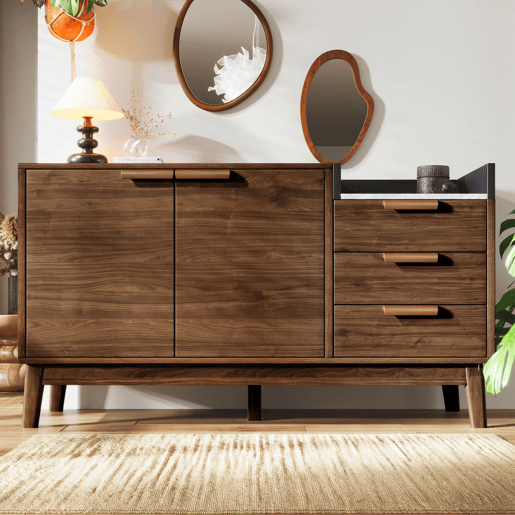 Cómoda de sala 120x77x40 cm - Aberta + 3 gavetas e armário com 2 portas - Robusta em carvalho escuro