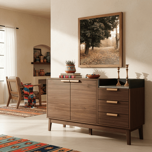 Cómoda de sala 120x77x40 cm - Aberta + 3 gavetas e armário com 2 portas - Robusta em carvalho escuro