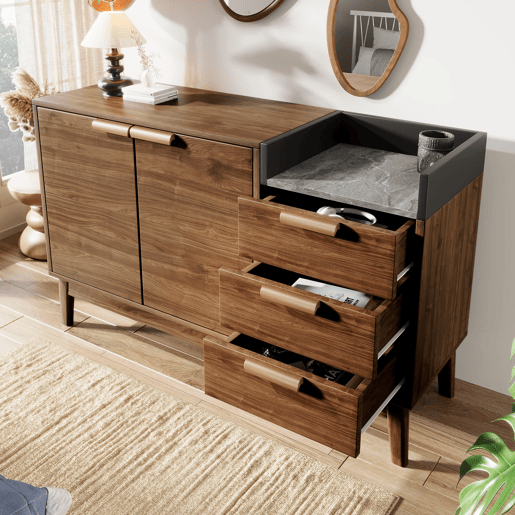 Cómoda de sala 120x77x40 cm - Aberta + 3 gavetas e armário com 2 portas - Robusta em carvalho escuro