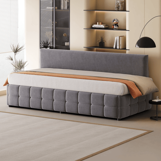 Cama multifuncional 90x200 cm - Com arrumação hidráulica, encosto sem braços, padrão xadrez - Cinza escuro