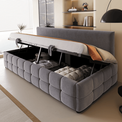 Cama multifuncional 90x200 cm - Com arrumação hidráulica, encosto sem braços, padrão xadrez - Cinza escuro