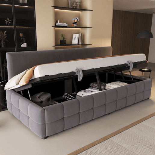 Cama multifuncional 90x200 cm - Com arrumação hidráulica, encosto sem braços, padrão xadrez - Cinza escuro