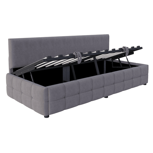 Cama multifuncional 90x200 cm - Com arrumação hidráulica, encosto sem braços, padrão xadrez - Cinza escuro