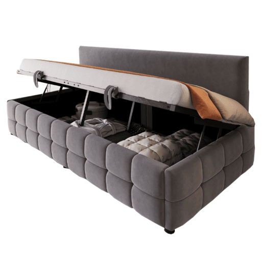 Cama multifuncional 90x200 cm - Com arrumação hidráulica, encosto sem braços, padrão xadrez - Cinza escuro