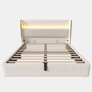 Cama hidráulica 140x200 cm - Cabeceira alta, com LED, armazenamento, portas USBType-C - Bege