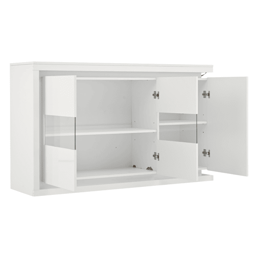 Móvel de sala 140x40x84 cm - Cômoda moderna com 4 compartimentos, iluminação LED, portas de vidro temperado - Branco