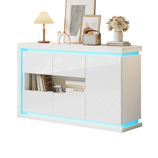 Móvel de sala 140x40x84 cm - Cômoda moderna com 4 compartimentos, iluminação LED, portas de vidro temperado - Branco