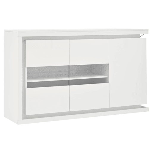 Móvel de sala 140x40x84 cm - Cômoda moderna com 4 compartimentos, iluminação LED, portas de vidro temperado - Branco