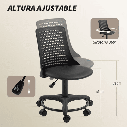 HOMCOM Cadeira de Secretária sem Braços Cadeira de Escritório Giratória em Malha com Encosto Vazado Assento Acolchoado em Espuma de Alta Resiliência Altura Ajustável Preto