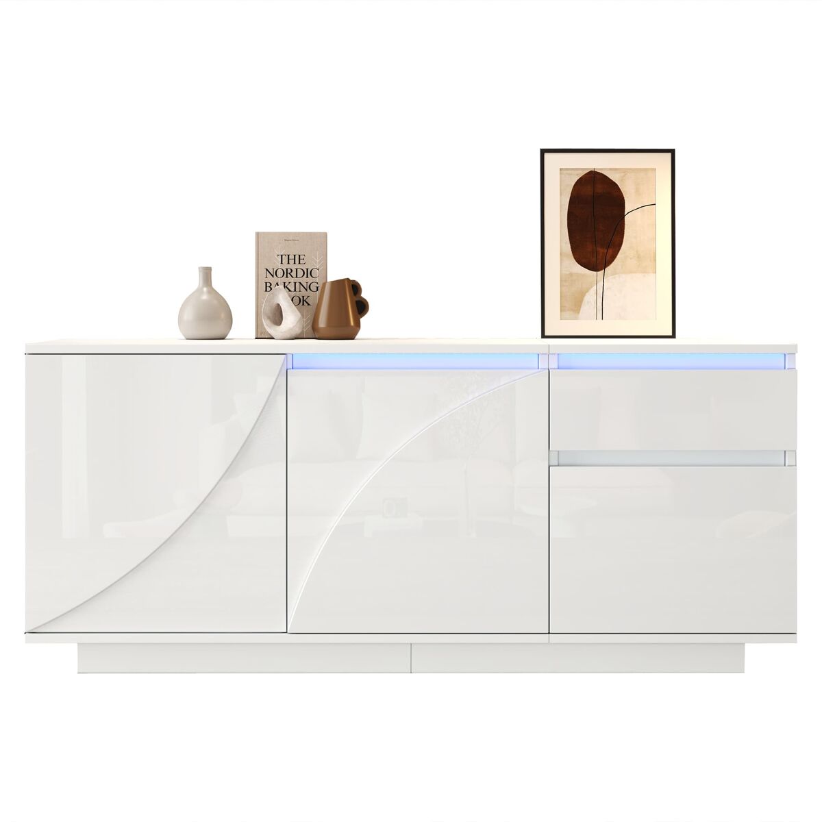 Aparador 140x40x60 cm - 3 puertas, 1 cajón, con led y estantes ajustables - blanco