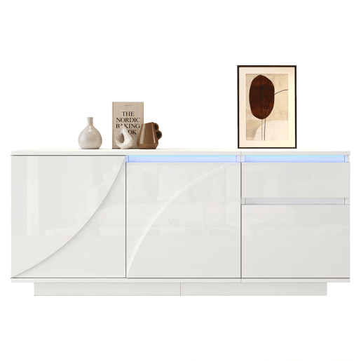 Aparador 140x40x60 cm - 3 portas, 1 gaveta, com LED e prateleiras ajustáveis - Branco