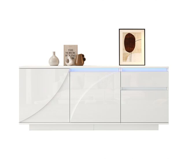 Aparador 140x40x60 cm - 3 puertas, 1 cajón, con led y estantes ajustables - blanco