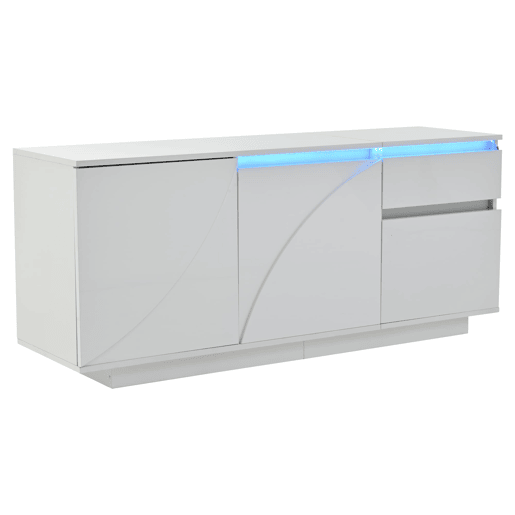 Aparador 140x40x60 cm - 3 portas, 1 gaveta, com LED e prateleiras ajustáveis - Branco
