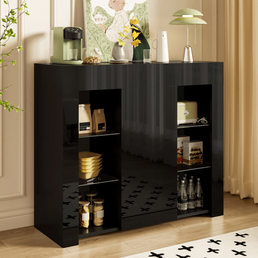 Aparador moderno 95x35x83 cm - Estilo compacto com prateleiras de vidro e porta - Preto