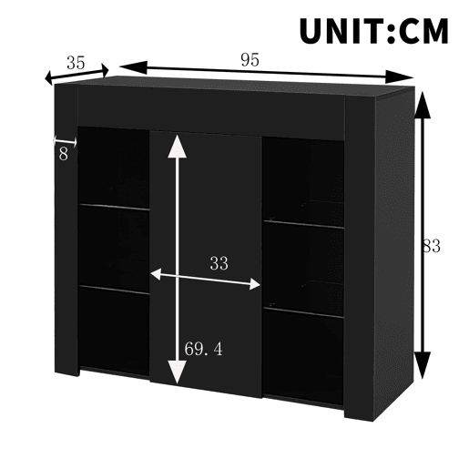 Aparador moderno 95x35x83 cm - Estilo compacto com prateleiras de vidro e porta - Preto