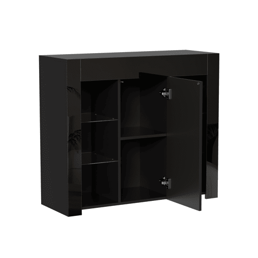 Aparador moderno 95x35x83 cm - Estilo compacto com prateleiras de vidro e porta - Preto