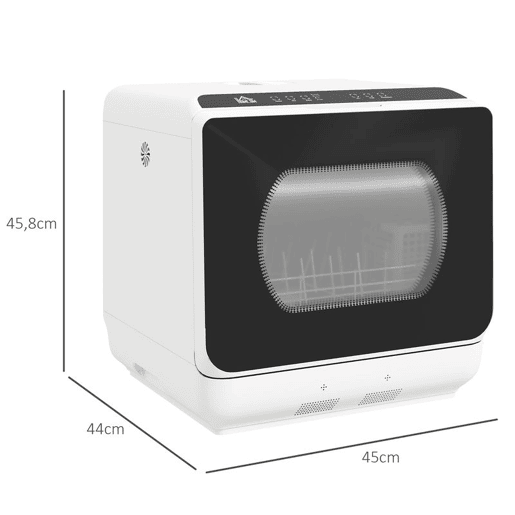 HOMCOM Máquina de Lavar Loiça de Bancada Máquina de Lavar Loiça Pequena com 5+1 Programas Dois Modos de Abastecimento de Água Depósito de Água de 6L Ecrã LED para Cozinha Apartamentos 45x44x45,8 cm Branco