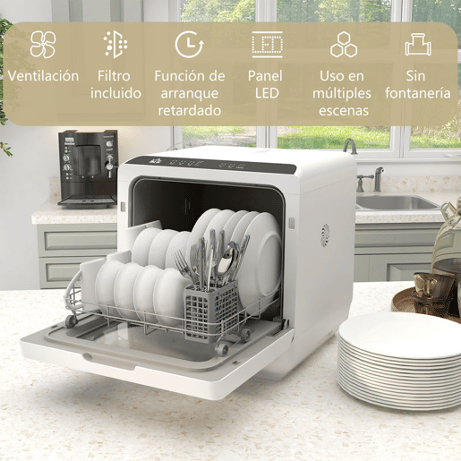 HOMCOM Máquina de Lavar Loiça de Bancada Máquina de Lavar Loiça Pequena com 5+1 Programas Dois Modos de Abastecimento de Água Depósito de Água de 6L Ecrã LED para Cozinha Apartamentos 45x44x45,8 cm Branco