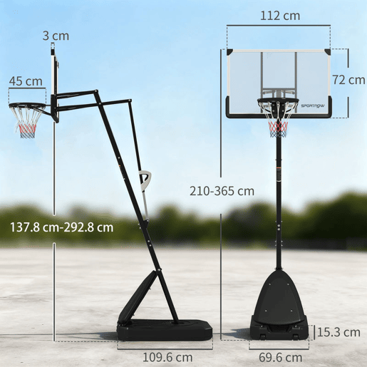 SPORTNOW Tabela de Basquetebol para Exterior Altura Ajustável em 16 Níveis 150-305 cm Tabela de Basquetebol Portátil com Rodas Base Recarregável e Sistema de Retorno para Adultos e Adolescentes Preto
