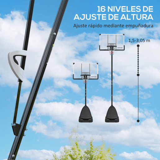SPORTNOW Tabela de Basquetebol para Exterior Altura Ajustável em 16 Níveis 150-305 cm Tabela de Basquetebol Portátil com Rodas Base Recarregável e Sistema de Retorno para Adultos e Adolescentes Preto