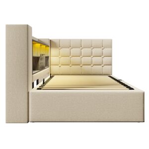Cama individual 90x200 - LED, armazenamento hidráulico, cabeceira em L, montagem reversível - Bege