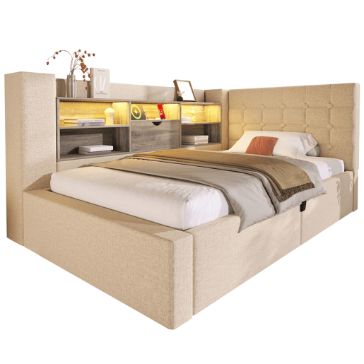Cama individual 90x200 - LED, armazenamento hidráulico, cabeceira em L, montagem reversível - Bege