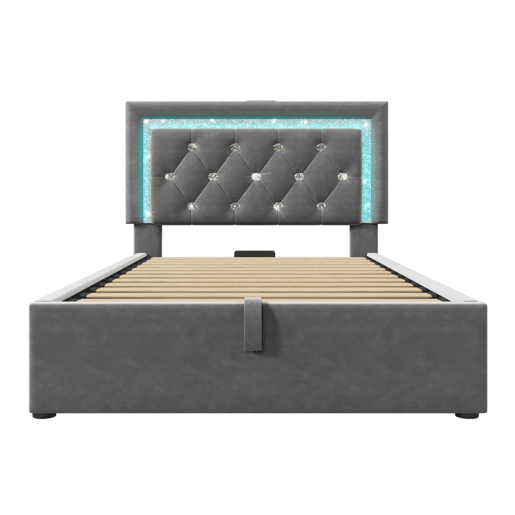 Cama individual 90x200 u2013 LED na cabeceira, USBType-C, baú hidráulico u2013 Cinza