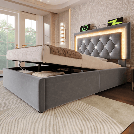 Cama individual 90x200 u2013 LED na cabeceira, USBType-C, baú hidráulico u2013 Cinza