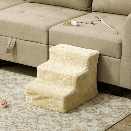 PawHut Escada para Cães de 3 Degraus Escada para Animais com Capa Removível e Lavável Rampa para Cães e Gatos para Cama Sofá, 46x35x35 cm Bege