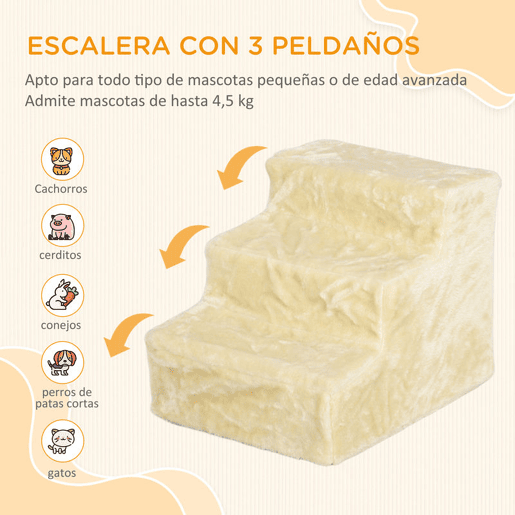 PawHut Escada para Cães de 3 Degraus Escada para Animais com Capa Removível e Lavável Rampa para Cães e Gatos para Cama Sofá, 46x35x35 cm Bege