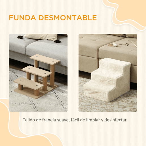 PawHut Escada para Cães de 3 Degraus Escada para Animais com Capa Removível e Lavável Rampa para Cães e Gatos para Cama Sofá, 46x35x35 cm Bege