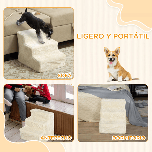 PawHut Escada para Cães de 3 Degraus Escada para Animais com Capa Removível e Lavável Rampa para Cães e Gatos para Cama Sofá, 46x35x35 cm Bege