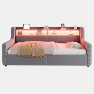 Sofá-cama 90x200 cm - Com armazenamento hidráulico, LED, tomada e USB - Cinza claro