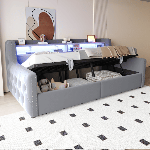 Sofá-cama 90x200 cm - Com armazenamento hidráulico, LED, tomada e USB - Cinza claro