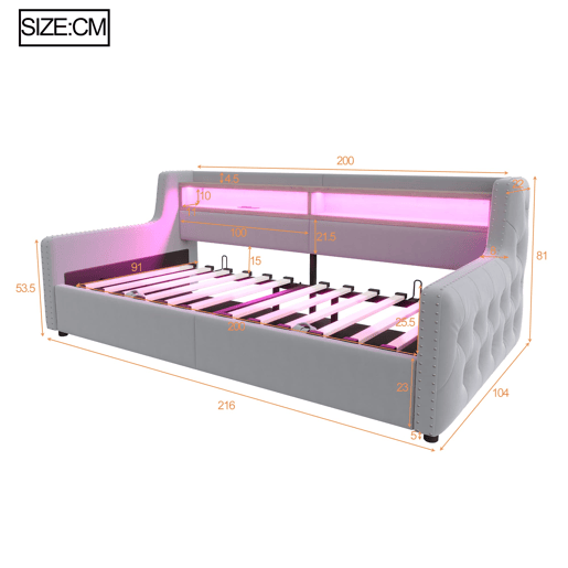 Sofá-cama 90x200 cm - Com armazenamento hidráulico, LED, tomada e USB - Cinza claro