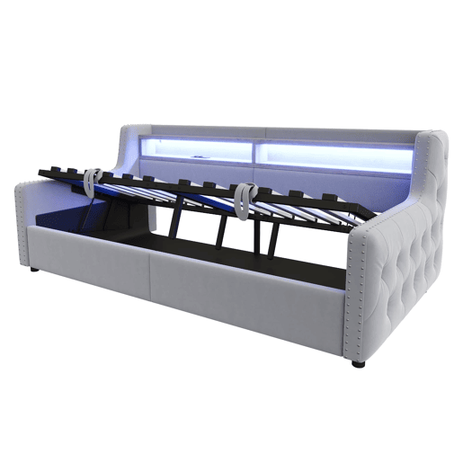 Sofá-cama 90x200 cm - Com armazenamento hidráulico, LED, tomada e USB - Cinza claro
