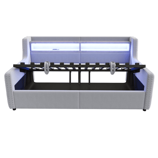 Sofá-cama 90x200 cm - Com armazenamento hidráulico, LED, tomada e USB - Cinza claro