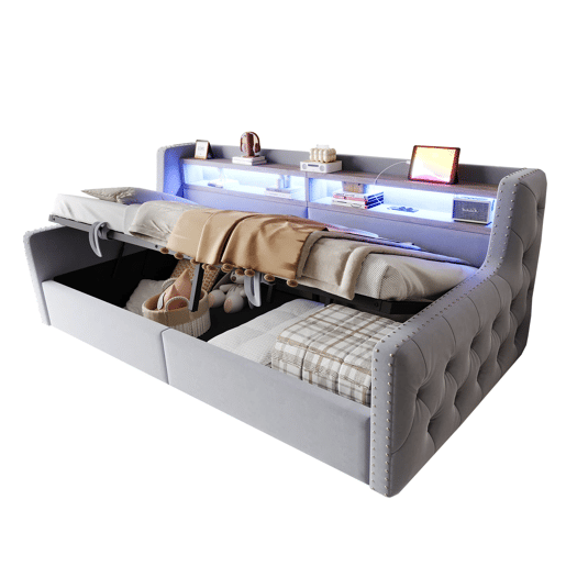 Sofá-cama 90x200 cm - Com armazenamento hidráulico, LED, tomada e USB - Cinza claro
