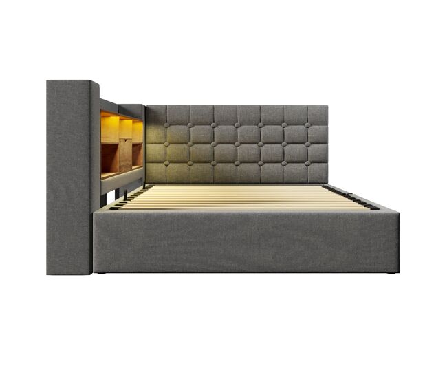 Cama tapizada 140x200 cm - led, almacenamiento hidráulico, cabecero l, colchón incluido - gris