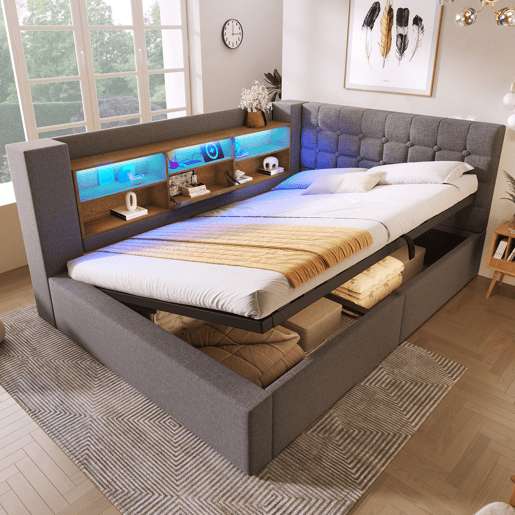 Cama estofada 140x200 cm - LED, armazenamento hidráulico, cabeceira L, colchão incluído - Cinza Cama estofada 140x200 cm - LED, armazenamento hidráulico, cabeceira L, colchão incluído - Cinza