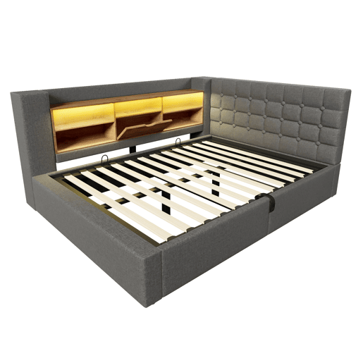 Cama estofada 140x200 cm - LED, armazenamento hidráulico, cabeceira L, colchão incluído - Cinza Cama estofada 140x200 cm - LED, armazenamento hidráulico, cabeceira L, colchão incluído - Cinza