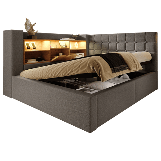 Cama estofada 140x200 cm - LED, armazenamento hidráulico, cabeceira L, colchão incluído - Cinza Cama estofada 140x200 cm - LED, armazenamento hidráulico, cabeceira L, colchão incluído - Cinza