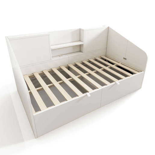 Cama individual 90x190 cm - Hidráulica com 2 prateleiras, grande capacidade de armazenamento, USBType-C - Branco