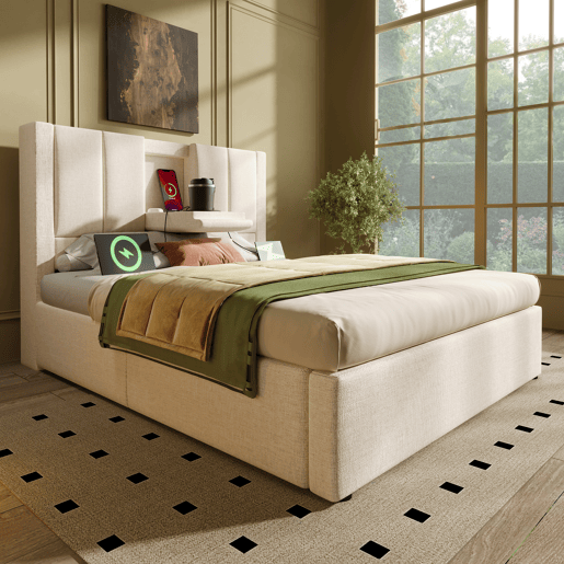 Cama estofada 90x200 cm - Cama individual com porta-copos oculto e estação de carregamento - Bege
