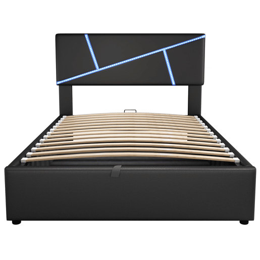 Cama de casal 90x200 cm - Polipiel, cabeceira, LED, armazenamento hidráulico - Preto