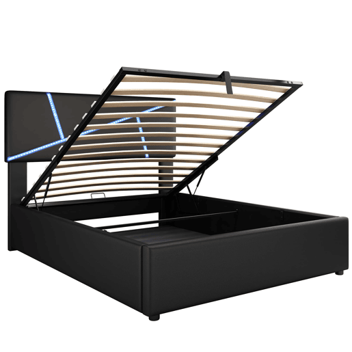 Cama de casal 90x200 cm - Polipiel, cabeceira, LED, armazenamento hidráulico - Preto